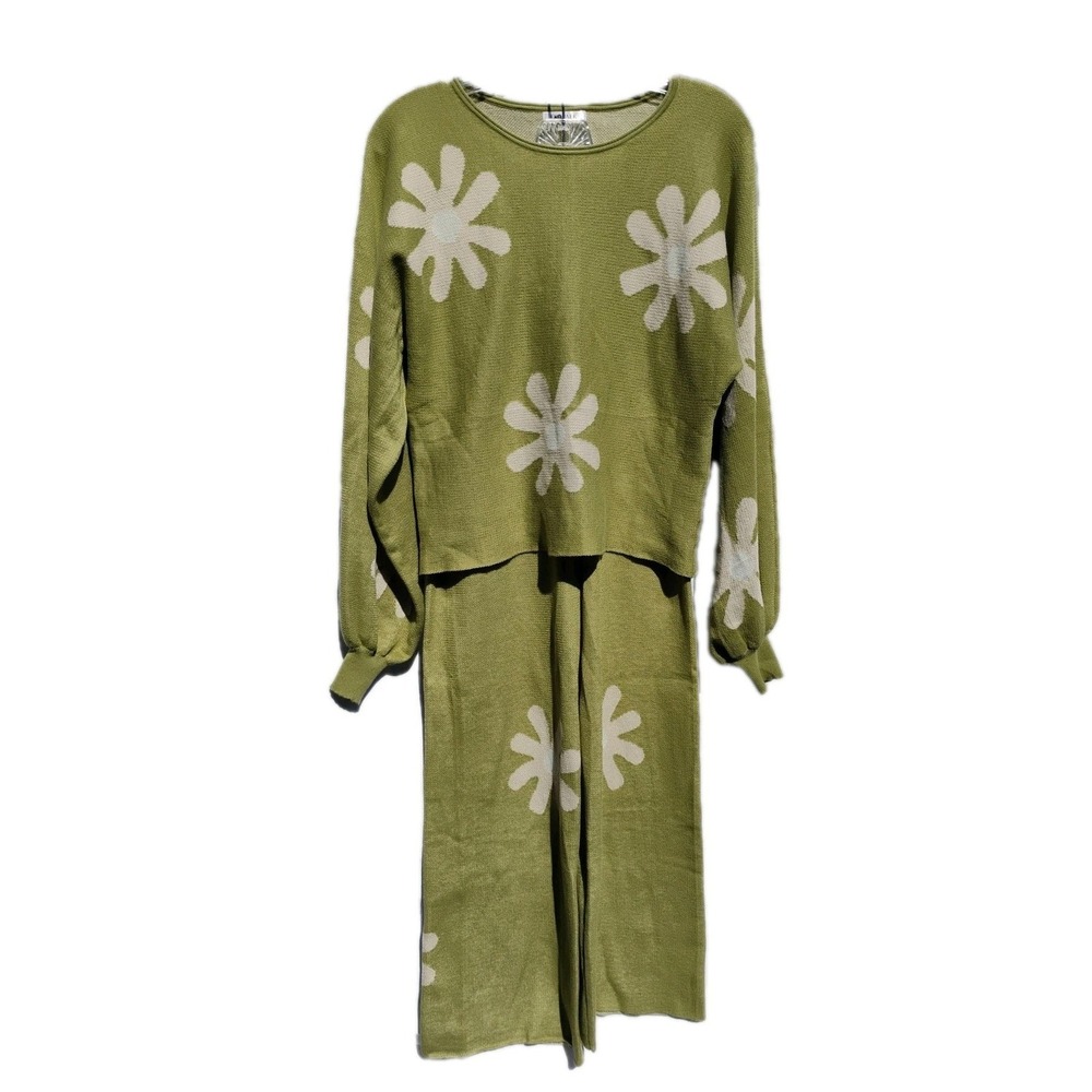 NWT Ekouaer 2pc Women's SMALL Sweater Pants Cropped Top Outfit Green Flowers